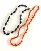 A coral necklace, length approx 55cm, together with a lapis lazuli style necklace, length approx