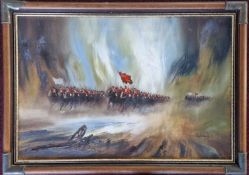 John Bampfield (British 1947-), oil on canvas of a charging red coat army cavalry, signed lower