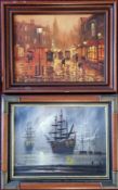 John Bampfield (British 1947-), two oil on canvas paintings of Victorian ships in harbour, and a