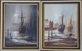 Barry Hilton (British 1941-), two oil on canvas paintings of ships in harbour, signed lower right,