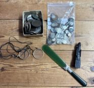 A collection of assorted coins including silver half crown, one dollar 1885, etc.