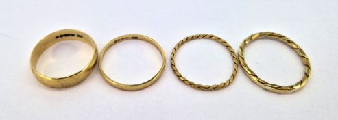 Three 9ct gold band rings, approx 6.4g together with another gold band ring (not hallmarked).