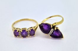 Two amethyst set dress rings, set in 14ct yellow gold, approx 6.9g.