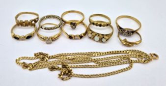Ten 9ct gold dress rings together with a 9ct gold chain, total weight approx 23.6g.