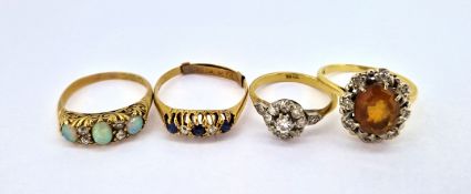 Three 18ct gold dress rings, approx 11.2g together with another dress ring (hallmark rubbed)