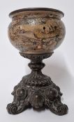 A Satsuma style urn or planter, on a elaborate foliate metal base, with metal rim, height approx