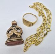 A 9ct gold chain, 9ct gold signet ring (inscribed inside) approx 10g and a gold seal (not marked).