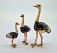 Three silver and enamel ostrich birds, of various sizes, largest approx 7.5cm tall, total weight