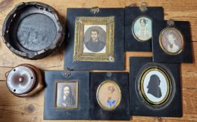 A collection of portrait miniatures, to include one of Charles I, together with two wooden items. (