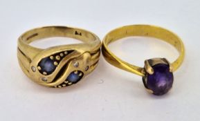 A 9ct gold snake ring, approx 3.6g together with a gold and purple stone ring (not hallmarked),