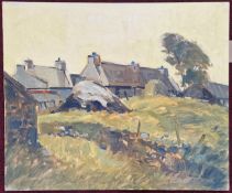 Desmond Turner (Irish, 1923-2011) oil on canvas of rural cottages and drystone wall, signed lower