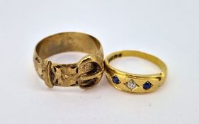 A gents 9ct gold buckle ring, approx 6.7g together with an 19ct gold diamond and sapphire ring,