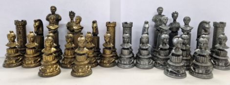 A metal and brass ancient Rome themed complete Chess set, to include Julius Ceasar, Cleopatra, and