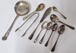 A small group of silver teaspoons, weight approx 1.9oz, together with an electroplated pair of sugar
