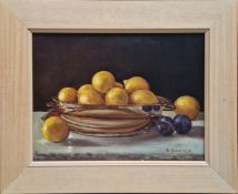 Ruth Bowyer (1948-), oil on canvas, 'Lemons in Silver Dish and Plums', c. 1999, framed, overall size