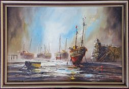 John Bampfield (British 1947-), oil on canvas of dockyard ships, signed lower right, framed, overall