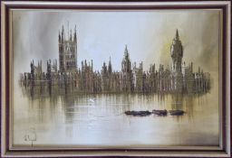 John Bampfield (British 1947-), oil on canvas of the Houses of Parliament reflected on the Thames,