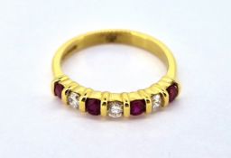 A ruby and diamond 7-stone ring, set in 18ct yellow gold, size K/L, approx 2.9g.
