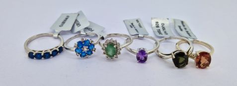 Gemporia, six silver dress rings including Moroccan amethyst, with certificate of authenticity, some