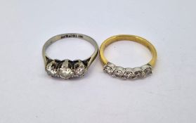 An 18ct yellow gold and five stone diamond ring together with 18ct white gld three stone ring, total