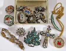 Eight assorted mosaic brooches, mosaic bracelet, mosaic cross pendant etc.