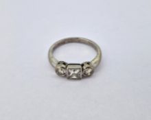 A diamond three stone set ring, set in 18ct white gold, size J, approx 3.5g.