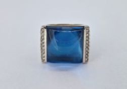 A large square shape blue stone and diamond ring, set in 18ct white gold, marked inside band 'MS,