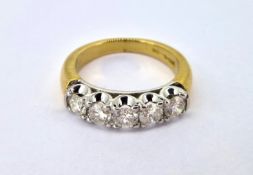 A five stone diamond ring, set in 18ct yellow gold, size L/M, approx 6.2g.