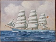 A watercolour/gouache on card ship portrait of a full rigged ship or clipper, inscribed to reverse