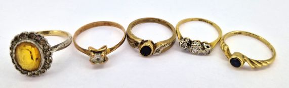 Three 9ct gold dress rings, approx 5.1g together with an 18ct gold ring approx 1.5g and a silver