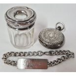 A silver bracelet engraved 'Roger', together with a silver topped glass jar, and silver pocket