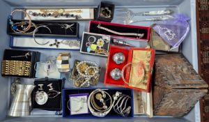 A large collection of costume jewellery to include silver plated milk jug with fox handle, leather