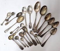 A collection of various silver spoons, to include dessert spoons, teaspoons, mustard spoons, etc,