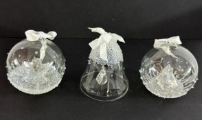 Swarovski Crystal Glass, Christmas Ball 2013, Christmas Ball 2015 and Christmas Bell 2015, boxed.