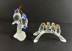Swarovski Crystal Glass, Malachite Kingfishers & Lovebirds, no box.