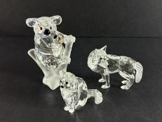 Swarovski Crystal Glass, Koala and baby, Wolf and Cat sitting, no box.