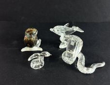 Swarovski Crystal Glass, a mixed lot including Dolphin baby, Snake, Owl etc, boxed.
