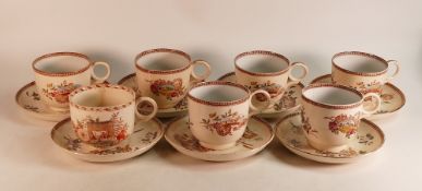 Seven J. F. Wileman Mammoth cups and caucers. Depicting the 'Four Seasons' pattern. Damages noted (