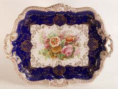 English porcelain, possibly Coalport large two handled tray, 19th century, with hand painted