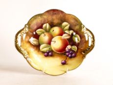 Coalport two handled dish, gilded & hand painted with by fruit by Bruce Higham, L.24.5cm.