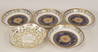 Royal Worcester 4 millennium pin dishes together with Royal Crown Derby green panel pin dish (5)