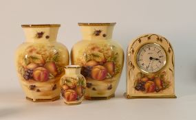 Aynsley Orchard Gold including Mantle Clock 15cm Tall ,Two Vases 18cm Tall and One Small Vase 8cm