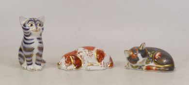 Royal Crown Derby Paperweights including One Lying Dog and Two Cats, One Sitting, One Lying Down.