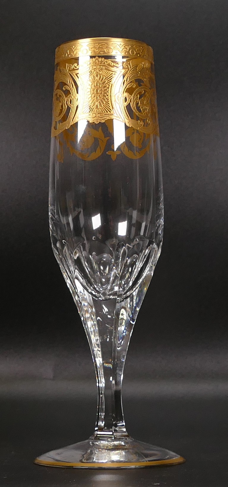 Six De Lamerie Fine Bone China heavily gilded Robert Adam Pattern Champagne Flute Glasses , in