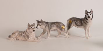 Three John Beswick animals to include Walking Wolf JBDW3, Husky JBD97 and Lying Wolf JBDW4. (H: