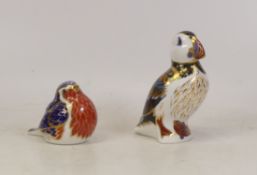 Royal Crown Derby Paperweights including Puffin Silver Stopper, Robin Silver Stopper (2)