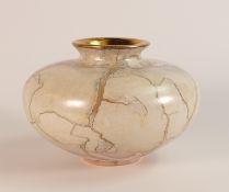 Tony Laverick studio pottery squat vase, cream/green marble decoration. Height 11cm