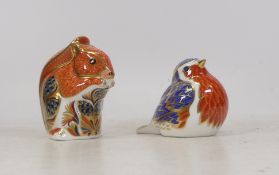 Royal Crown Derby, Two Paperweights of a Squirrel and Robin. Both gold stoppers. (2)