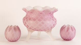 In the style of Thomas Webb, two Quilted pink Satin glass small vases and a three footed pot. Height