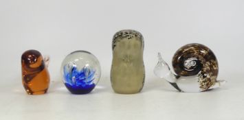 Wedgwood Glass Paperweights To include An Owl, Bird and a Snail(chipped tail Noted) also a Blue